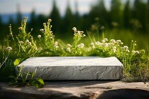 Stone platform in meadow and on white background for product presentation photo