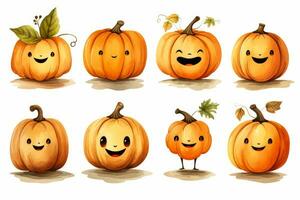 Isolated watercolor orange pumpkins with funny light and dark faces perfect for print decoration and celebrating Halloween in October showcasing hand drawn sketches photo