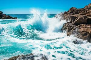 Ocean waves crash upon the shore in graceful motion photo