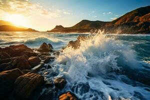 Ocean waves crash upon the shore in graceful motion photo