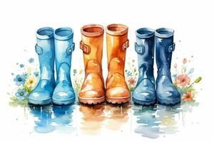 Hand drawn pastel digital watercolour paint sketch of rubber boots with various prints for baby boys and girls isolated close up element for spring or summer decoration photo