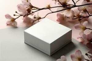 Realistic square white gift box with open cap mockup photo