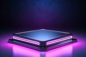 Futuristic cyberpunk display with neon glow stand podium for gaming product photo