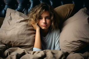 Teenager lacks sleep sits on bed embraces pillow hides face photo