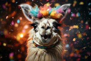 Jolly llama happily wears a hat surrounded by flying confetti photo