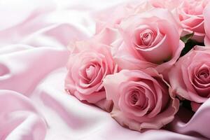 Close up of blooming pink roses and petals on white background elegantly romantic photo