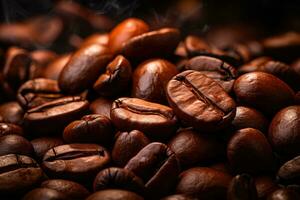 Closeup of brown roasted coffee beans on a dark background photo