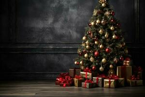 A festive Christmas tree adorned with decorations and presents photo