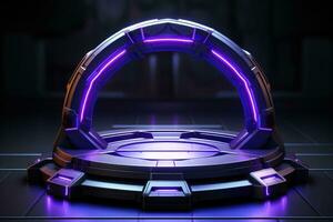 Futuristic cyberpunk display with neon glow stand podium for gaming product photo