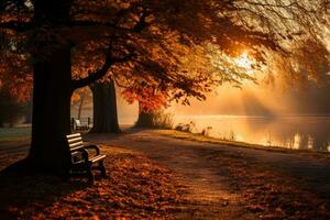 Sunlit trees and leaves create a captivating autumn landscape scene photo