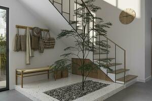 Interior your stairs and under space with a wooden Bench, Indoor Plant, Marble, Hangar 3D rendering photo