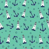 Seamless pattern with lighthouse and anchor on the background of the ocean. vector