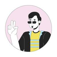 Cool sunglasses man peace sign hand 2D line vector avatar illustration. Two fingers gesture outline cartoon character face. Take selfie. Body language. Mood fun flat color user profile image isolated