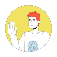 Curly caucasian young man waving happy 2D line vector avatar illustration. Saying hello outline cartoon character face. Greeting gesture. Nonverbal communication flat color user profile image isolated