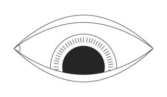 Psychedelic eye looking down black and white 2D line cartoon object. Spiritual imagination isolated vector outline item. Eye watching downward. Magical symbol monochromatic flat spot illustration