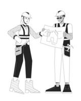 Supervisor team black and white cartoon flat illustration. Architect woman pointing apartment blueprint 2D lineart characters isolated. Residential construction monochrome scene vector outline image