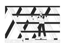 Roofing construction site black and white cartoon flat illustration. Caucasian male roof contractor 2D lineart character isolated. Construction man working monochrome scene vector outline image