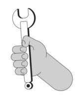 Wrench holding cartoon human hand outline illustration. Handyman tool 2D isolated black and white vector image. Auto mechanic, repairman arm. Spanner do-it-yourself flat monochromatic drawing clip art