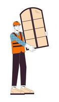 Caucasian construction worker holding window 2D linear cartoon character. European male contractor isolated line vector person white background. Building handyman color flat spot illustration