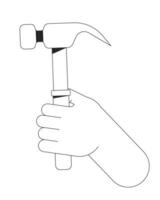Hammer holding cartoon human hand outline illustration. Handyman work tool 2D isolated black and white vector image. Manual work. Do-it-yourself. Home improvement flat monochromatic drawing clip art