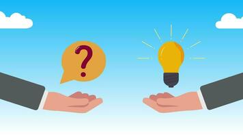 Concept of a great idea, looking for answer, hand gesture, solution of the problem, animation in cartoon style, question mark and light bulb video