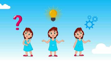 Little girl looking idea, girl thinking and looking for answer, solution of the problem, concept of a great idea cartoon animation video