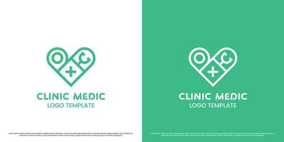 Heart medical clinic logo design illustration. Flat silhouette plus stethoscope doctor point gps place medical health medicine. Simple minimalist geometric linear feminine masculine serious icon. vector