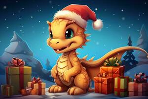 A cute cartoon red dragon in a Santa hat sits next to the Christmas gifts. New year animal illustration. photo