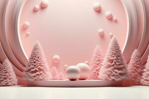 Gently pink Christmas abstract background with fir trees, balls and podium. Pink 3D podium, Christmas banner photo