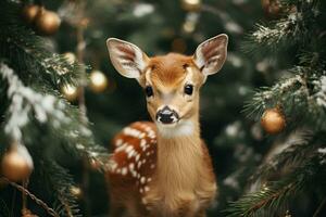 A fawn in the winter forest close-up. Symbol of New Year holidays photo