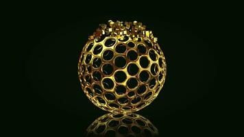 ouro geométrico figura decai para dentro cubos, reflexão, formas, fundo, único projeto, 3d render video