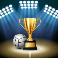 Volleyball Championship with Golden Trophy and Volleyball with Illuminated Spotlight, Vector Illustration