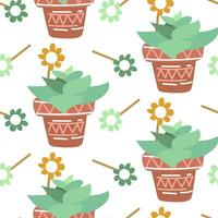 Cute seamless pattern of a cactus in a pot with a flower on a white background. The vector image of a houseplant is scattered, rotated in different directions. Cactus for printing on textiles, paper