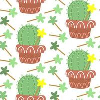 Cute seamless pattern of a cactus in a pot with a flower on a white. The vector image of the flower of a prickly houseplant is scattered, rotated in different directions. Cactus for print on textiles