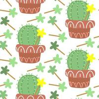 Cute seamless pattern of a cactus in a pot with a flower on a white. The vector image of the flower of a prickly houseplant is scattered, rotated in different directions. Cactus for print on textiles