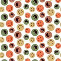 Seamless pattern of multicolored laughing retro faces of different sizes on a white background. Vector illustration for fun and happy designs. Smile, laugh, turn, crazy. Perfect for wallpaper, fabrics