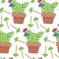 Cute seamless cactus pattern with pot and cloud on white. The vector image of the flower of a prickly houseplant is scattered, rotated in different directions. Green cactus for print textiles, paper