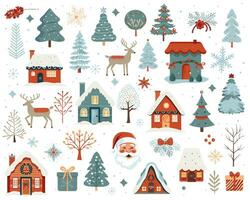 Scandi christmas illustration, cute houses, trees, deer, santa claus. Big set of hand drawn christmas elements. vector