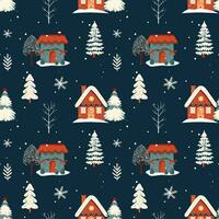 Winter seamless pattern with scandinavian houses. Christmas vector pattern. Winter background design.