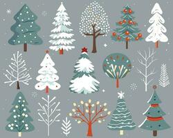 Set of winter scandinavian trees. Hand drawn christmas trees. Cute abstract colored trees. Trendy scandi vector plants.