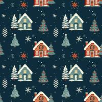 Winter seamless pattern with scandinavian houses. Christmas vector pattern. Winter background design.