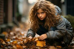 niña jugando con caído árbol hojas en otoño, en el ciudad ai generado foto