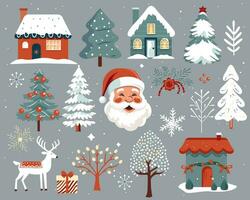 Set of scandi christmas elements. Hand drawn christmas illustration, cute houses, trees, deer, santa claus. vector