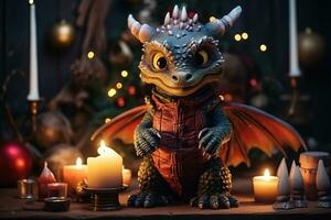 The small dragon lights a Christmas candle. Fantasy style dragon. New Year 2024 photo
