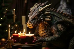 The dragon lights a Christmas candle. Fantasy style dragon. New Year 2024 photo