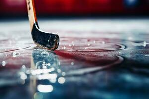 Ice Hockey Stick And Puck On Ice Stock Photo, Picture and Royalty