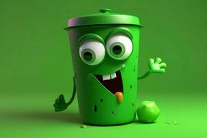 Trash can 3d green character. Generate Ai photo