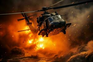 Military helicopter flying fire. Generate Ai photo