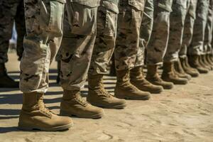 Soldiers legs boots uniform. Generate Ai photo