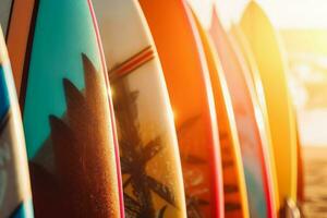 Surfboard colorful ocean waves. Generate Ai photo